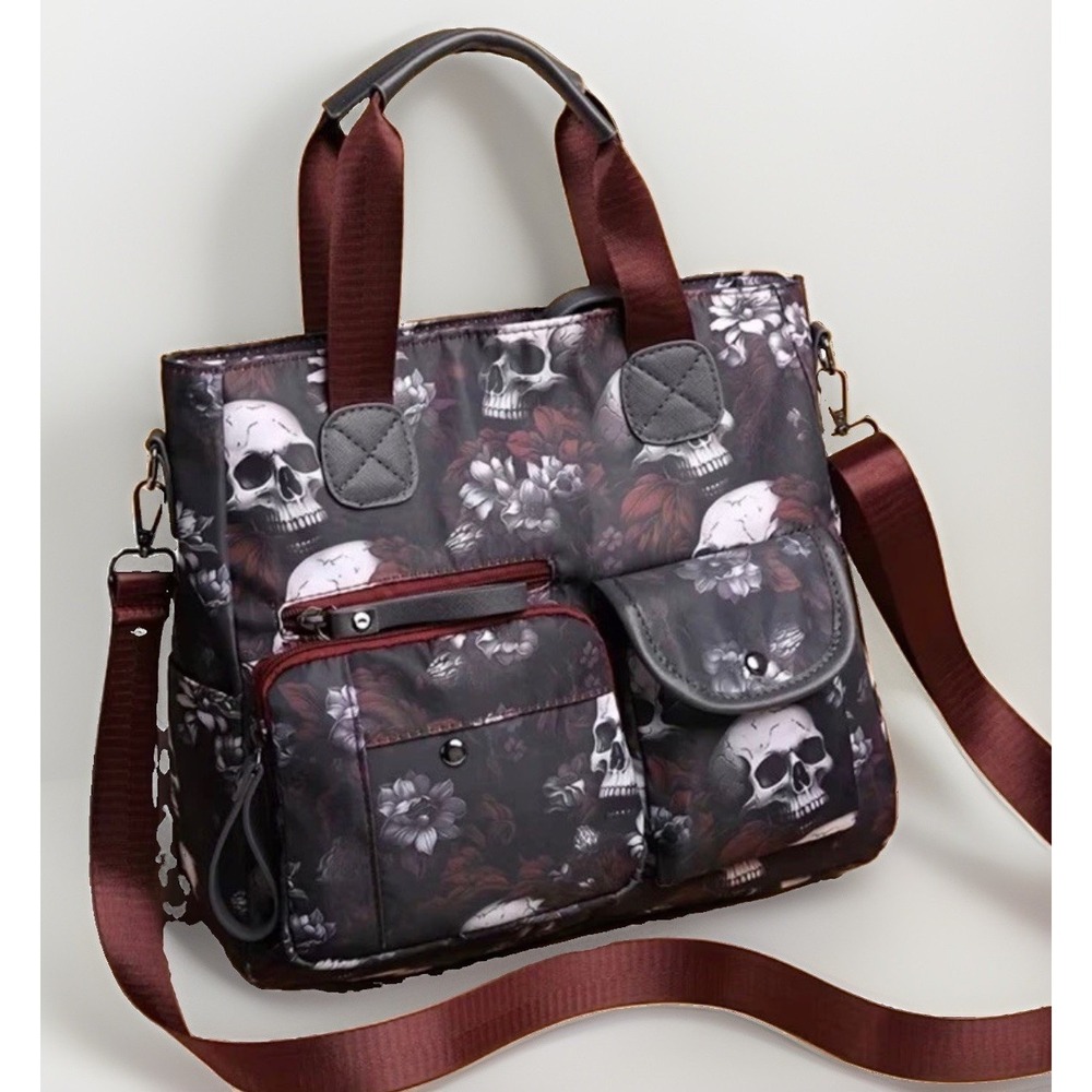 Gothic Skull & Floral Print Multi-Pocket Maroon & Black Crossbody Bag /Tote Emo